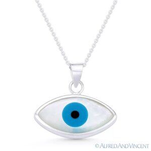 Evil Eye Charm Mother-of-Pearl & Enamel Pendant in .925 Sterling Silver